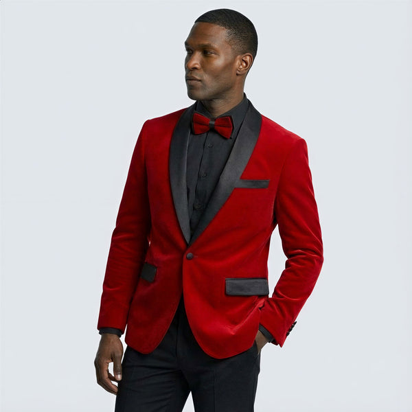 Red Velvet Tuxedo Jacket with Shawl Lapel – Slim Fit, Xs (36)