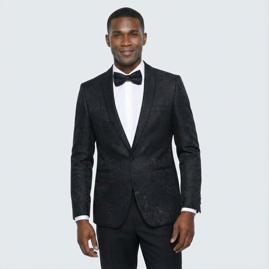 Black Floral Tuxedo Jacket with Shawl Lapel – Wedding & Prom