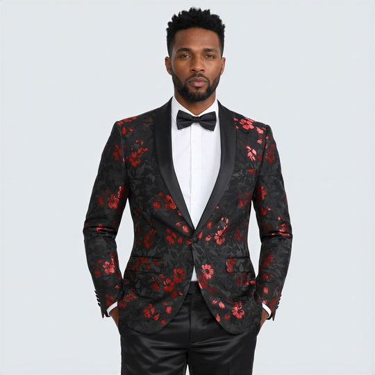 Red and Black Tuxedo Jacket Floral Pattern Slim Fit - Wedding - Prom
