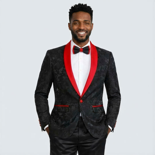 Black and Red Tuxedo Jacket Floral Pattern Slim Fit - Wedding - Prom