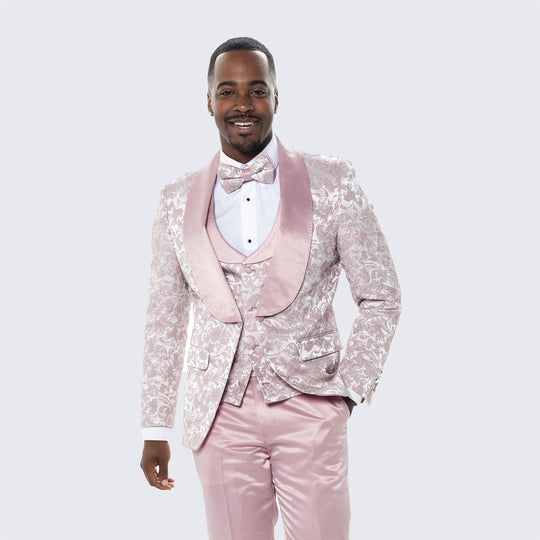 Men's Blush Pink Tuxedo with Floral Design Four Piece Set- Wedding - Prom