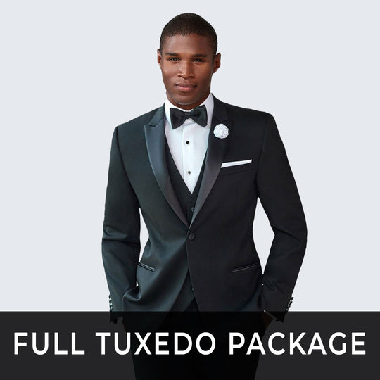 Slim Fit Tuxedo Package - Black Tuxedo Peak Lapel Set with Shirt, Vest, and Cufflink Set- Wedding - Prom