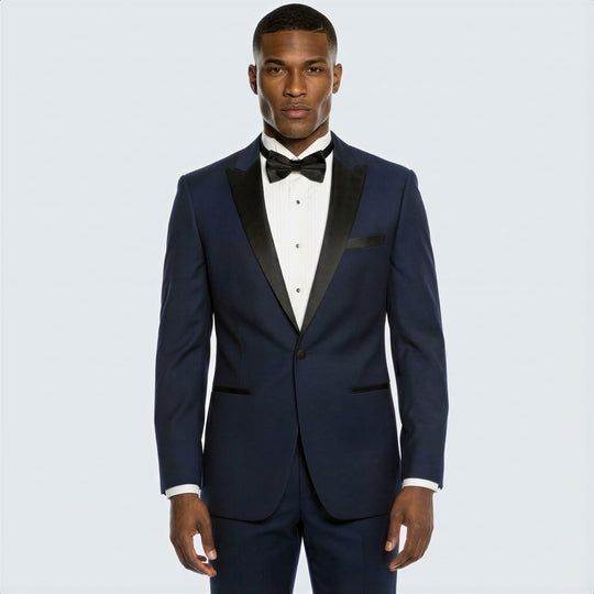 Navy Blue Slim Fit Tuxedo with Black Peak Lapel – Wedding & Prom