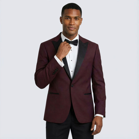 Burgundy Slim Fit Tuxedo with Black Peak Lapel – Wedding & Prom