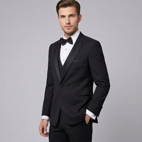 Man wearing a black tuxedo with a bow tie on a gray background