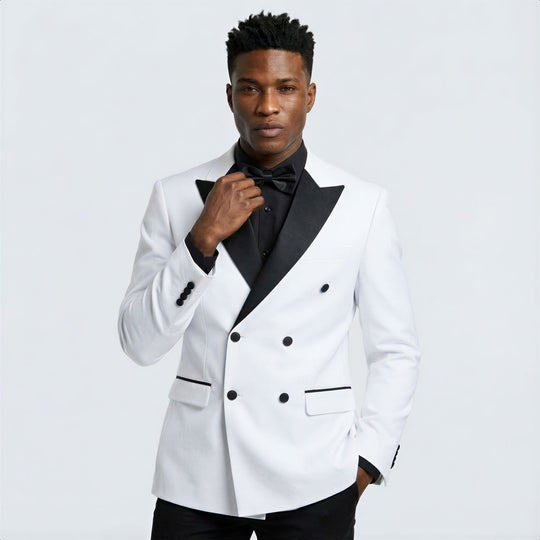 White Double Breasted Slim Fit Tuxedo with Black Peak Lapel – Wedding & Prom