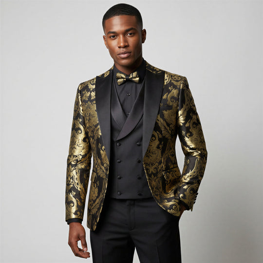 Black & Gold Jacquard Modern Fit Tuxedo Set