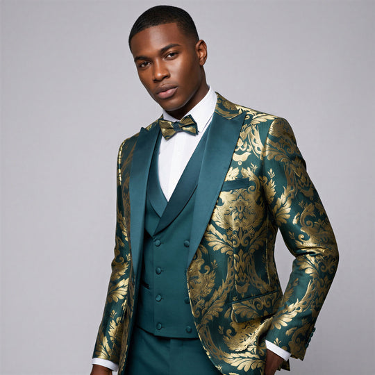 Emerald & Gold Jacquard Modern Fit Tuxedo Set