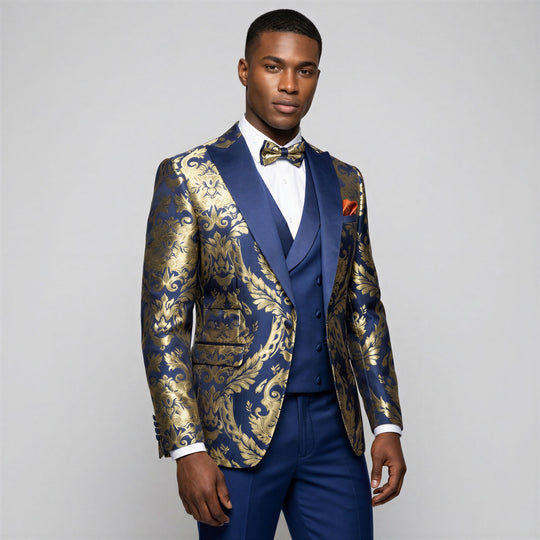 Navy & Gold Jacquard Modern Fit Tuxedo Set