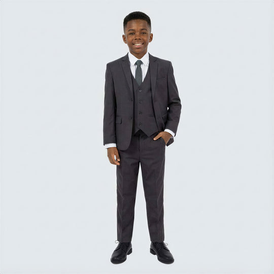 Boys Dark Gray Slim Fit 5-Piece Suit Set – Wedding & Ring Bearer