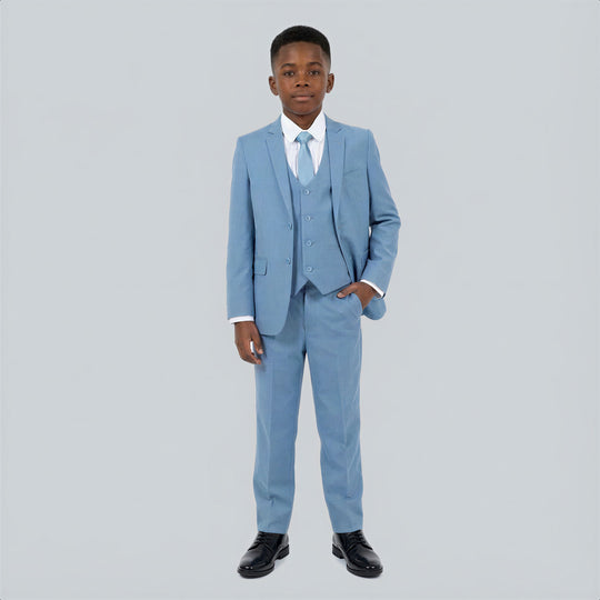 Boys Dusty Blue Slim Fit 5-Piece Suit – Wedding & Ring Bearer
