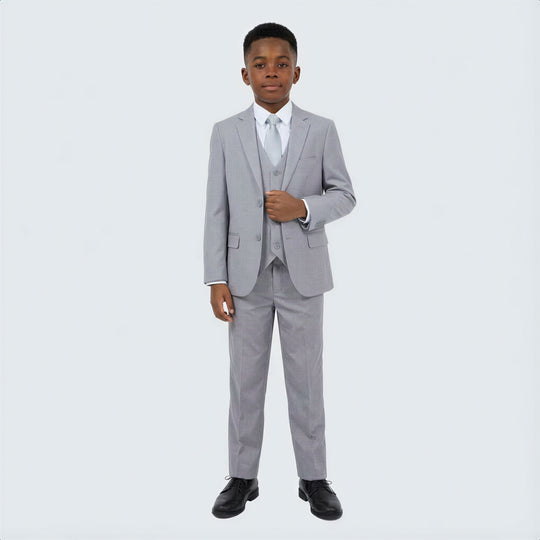 Boys Light Gray 5-Piece Suit Set – Wedding & Ring Bearer