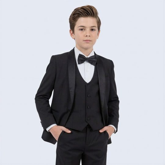 Boys Black 5-Piece Slim Fit Tuxedo – Wedding & Ring Bearer