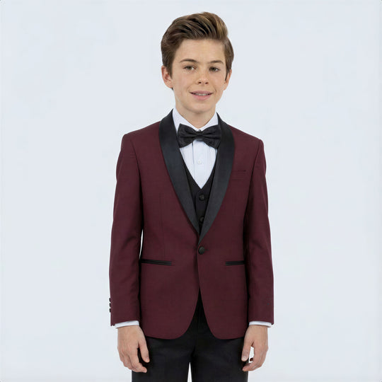 Boys Burgundy 5-Piece Slim Fit Tuxedo – Wedding & Ring Bearer