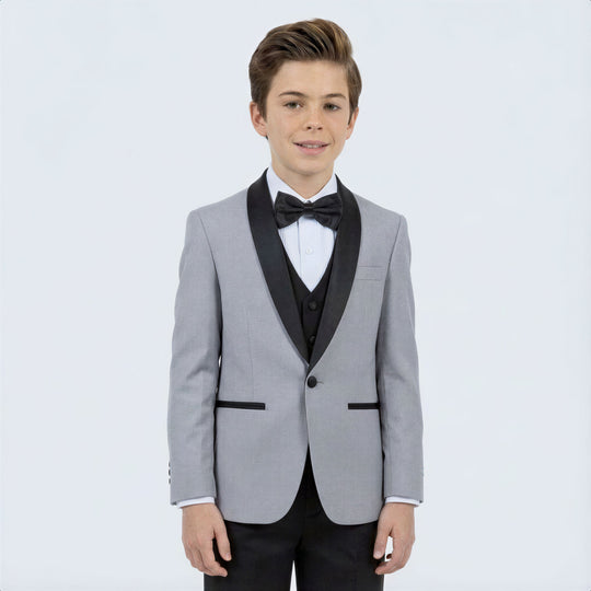 Boys Light Grey 5-Piece Slim Fit Tuxedo – Wedding & Ring Bearer