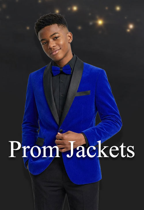 teen wearing a blue velvet prom tuxedo jacket