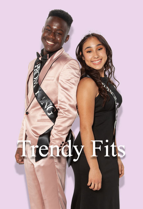 Prom couple guy wearing a pink prom suit, girl wearing a black prom dress