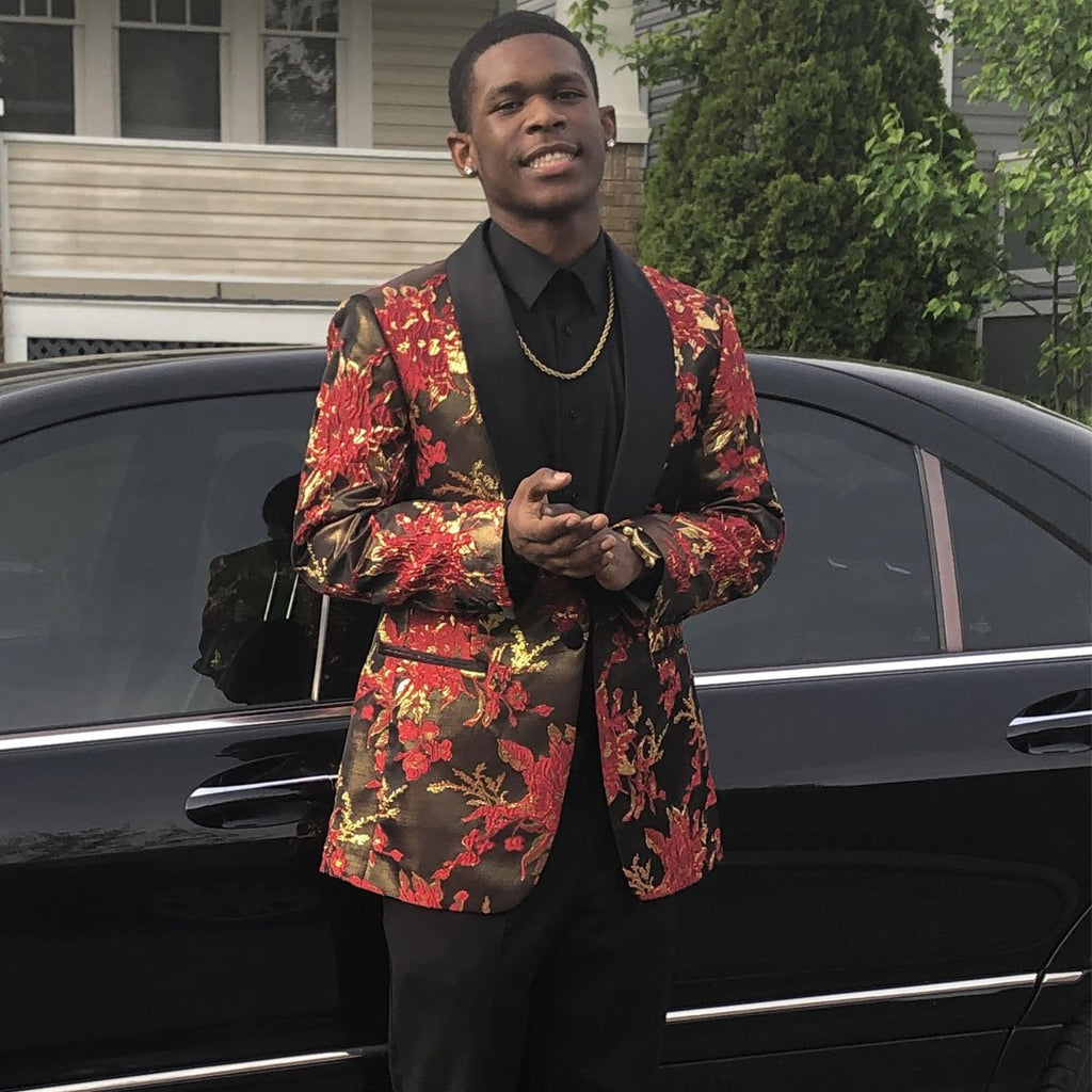 guy wearing red and gold prom tuxedo jacket