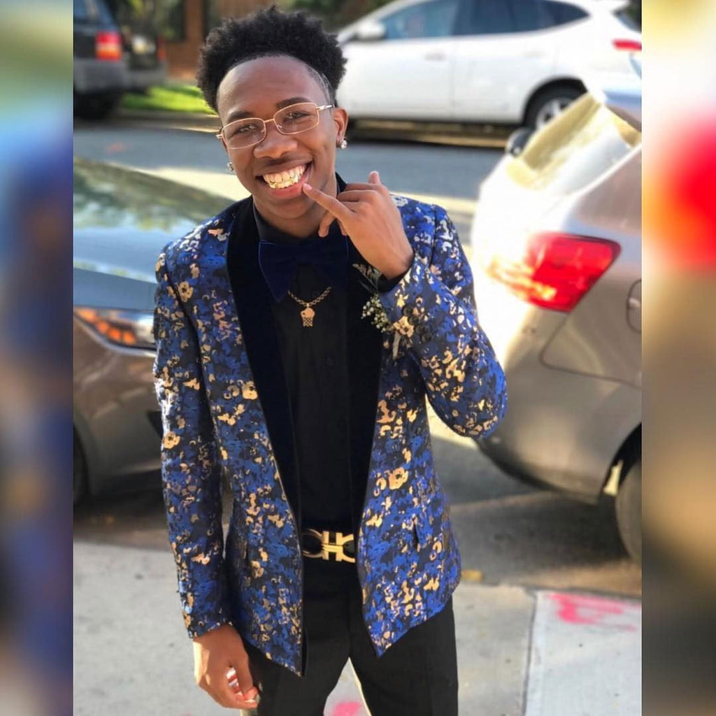 guy wearing blue and gold prom suit jacket