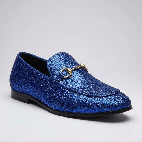 Men’s Royal Blue Glitter Loafers with Buckle – Prom & Wedding Dress Shoes