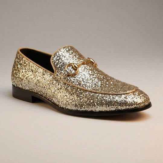Men’s Gold Glitter Loafers with Buckle – Prom & Wedding Dress Shoes
