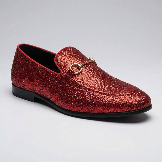 Men’s Red Glitter Loafers with Buckle – Prom & Wedding Dress Shoes