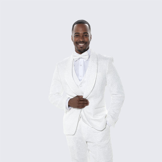 White Floral Tuxedo with Wide Shawl Lapel – 3 Piece Set