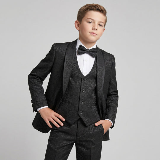 Boys Black Floral Damask Shawl Lapel Tuxedo Set – Wedding & Ring Bearer