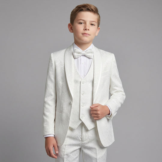 Boys White Floral Damask Shawl Lapel Tuxedo Set – Wedding & Ring Bearer