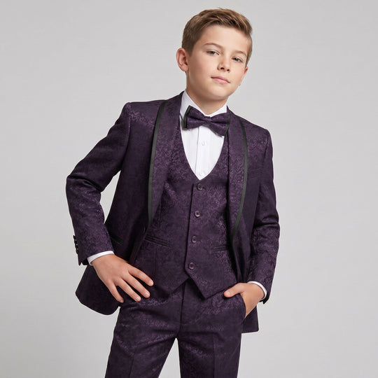 Boys Purple Floral Damask Shawl Lapel Tuxedo Set – Wedding & Ring Bearer