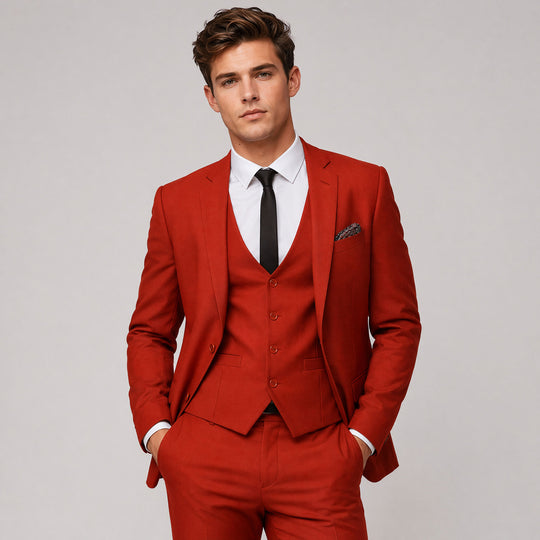Brick Red Skinny Fit 3-Piece Suit with Notch Lapel – Wedding & Prom