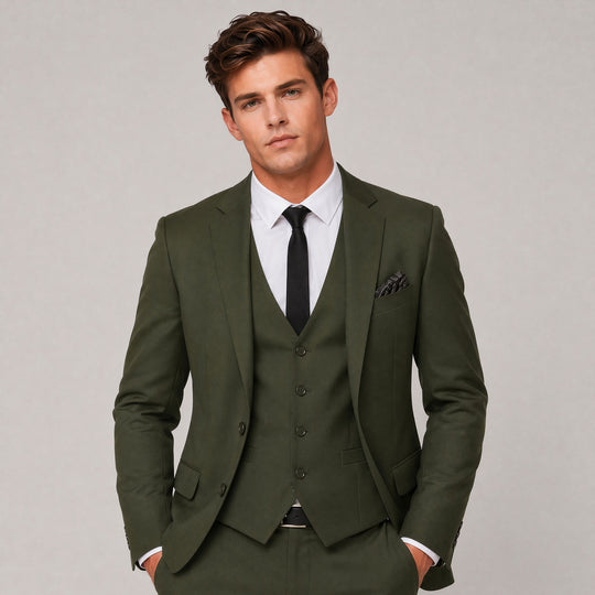 Olive Green Skinny Fit 3-Piece Suit with Notch Lapel – Wedding & Prom