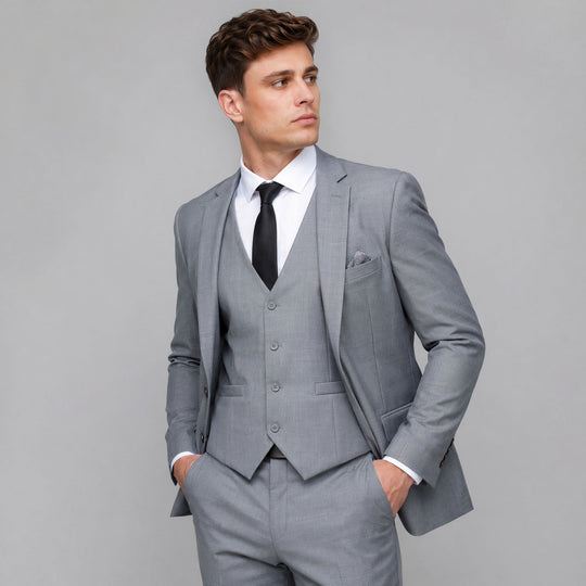 Mid Grey Skinny Fit 3-Piece Suit with Notch Lapel Separates – Wedding & Prom