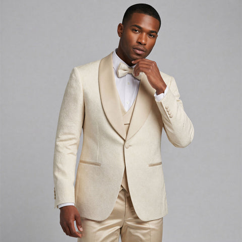 man wearing a pattern ivory tuxedo
