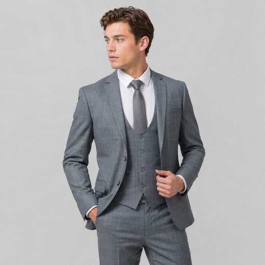 Grey Tonal Plaid 3-Piece Suit with Notch Lapel – Wedding & Prom