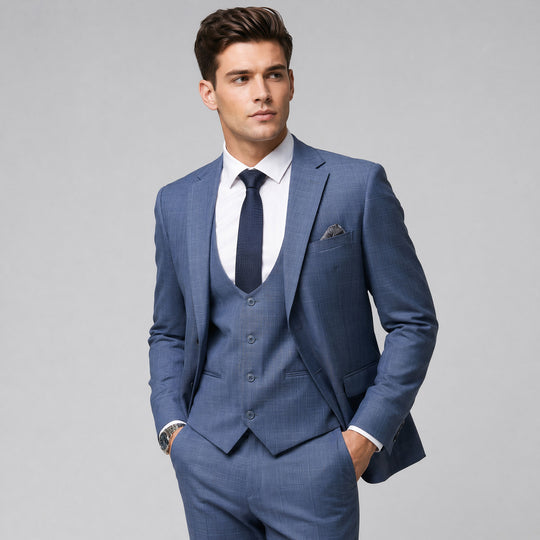 Medium Blue Tonal Plaid 3-Piece Suit with Notch Lapel – Wedding & Prom