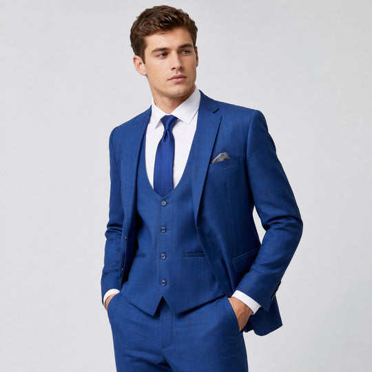 Dark Blue Tonal Plaid 3-Piece Suit with Notch Lapel – Wedding & Prom