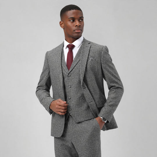 Grey Tweed Three Piece Suit with Notch Lapel – Wedding & Prom