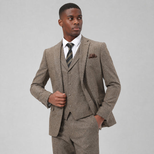 Tan Tweed Three Piece Suit with Notch Lapel – Wedding & Prom