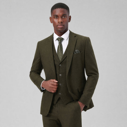 Olive Tweed Three-Piece Suit with Notch Lapel – Wedding & Prom