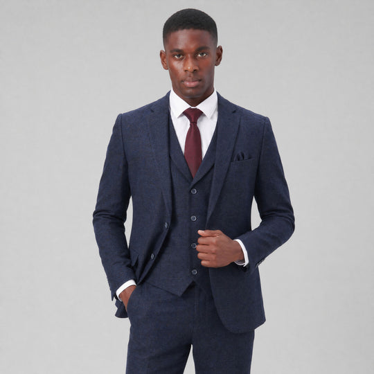Navy Tweed Three Piece Suit with Notch Lapel – Wedding & Prom