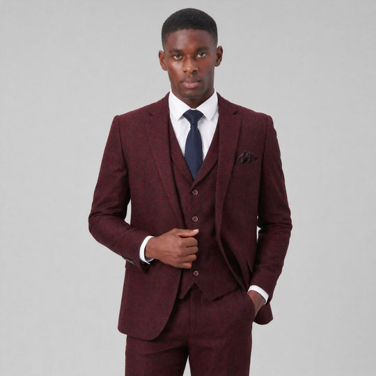 Burgundy Tweed Three Piece Suit with Notch Lapel – Wedding & Prom