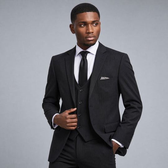 Black Pinstripe Three Piece Suit with Notch Lapel – Wedding & Prom