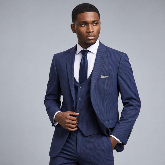 Dark Blue Pinstripe Three-Piece Suit – Wedding & Prom