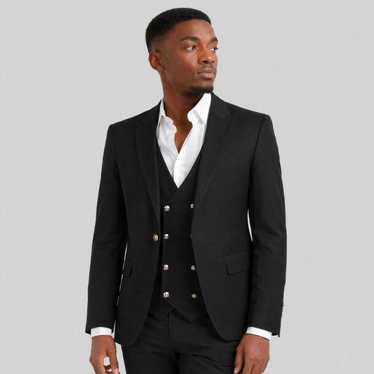 Black Skinny Fit Three-Piece Suit with Peak Lapel – Wedding & Prom