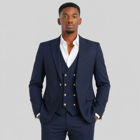 Navy Skinny Fit Three Piece Suit with Double Breasted Vest – Wedding & Prom