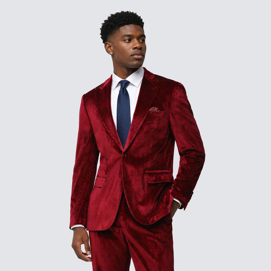 Burgundy Velvet Suit Two Piece Set with Peak Lapel – Wedding & Prom