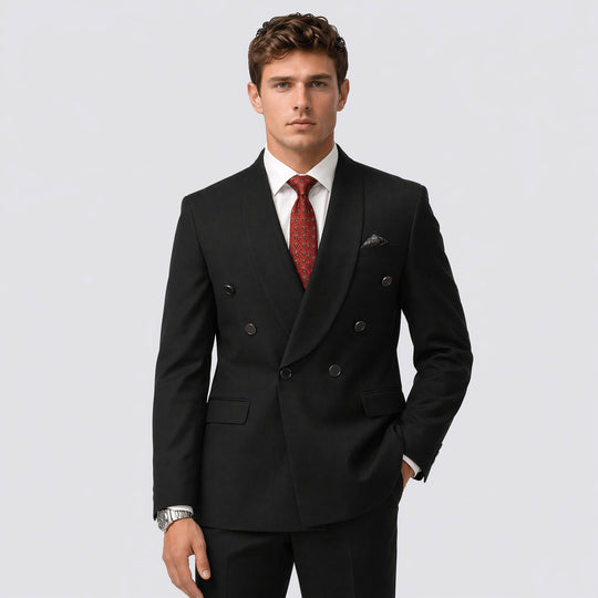 Black Double Breasted Suit with Wide Shawl Lapel – Wedding & Prom