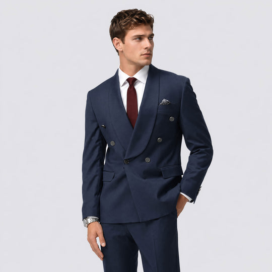 Navy Double Breasted Suit with Wide Shawl Lapel – Wedding & Prom
