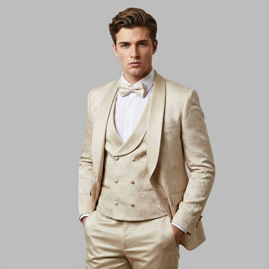 Tan Floral Shawl Lapel Tuxedo Set – Wedding & Prom